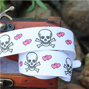 Pirate Ribbon - Skull & Cross Bones Hearts/White